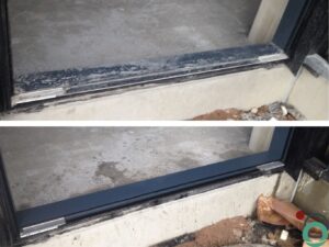 Raamprofiel bedekt met cement, gevolgd door een foto waarop het cement volledig is verwijderd.