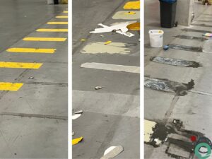 Betonvloer bedekt met stickers waarbij deze al gedeeltelijk zijn verwijderd