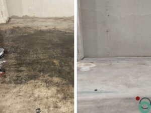 Betonnen vloer voor en na grondige reiniging van olie en vet met Chemifor OVR SP2