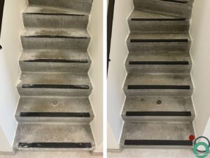 Vuile betonnen trap wordt grondig gereinigd om vuil, aanslag en sporen van gebruik te verwijderen