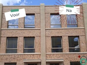 Kalk- en cementresten zichtbaar op geanodiseerd aluminium na bouwwerken