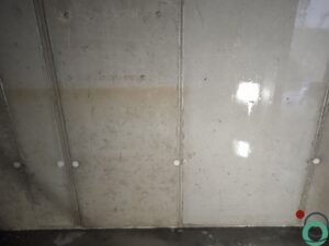 Groenaanslag zichtbaar op een betonnen muur en in behandeling voor verwijdering