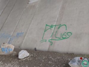 graffiti aangebracht op betonnen brugpijlers in een openbare ruimte